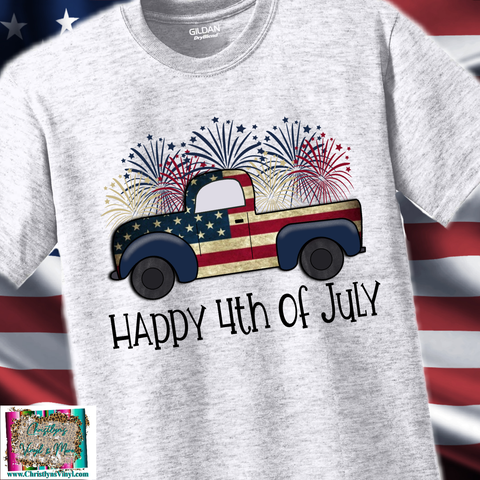 Happy 4th of July Truck Fireworks Sublimation Transfer or Ash Grey Tee
