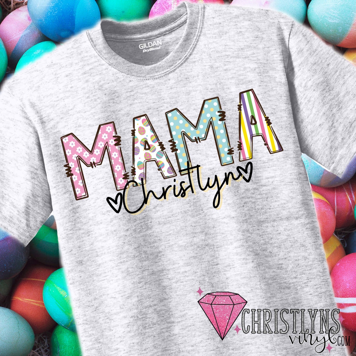 Easter Mama Custom Doodle Light Grey Tee, Sublimation Transfer, or Digital