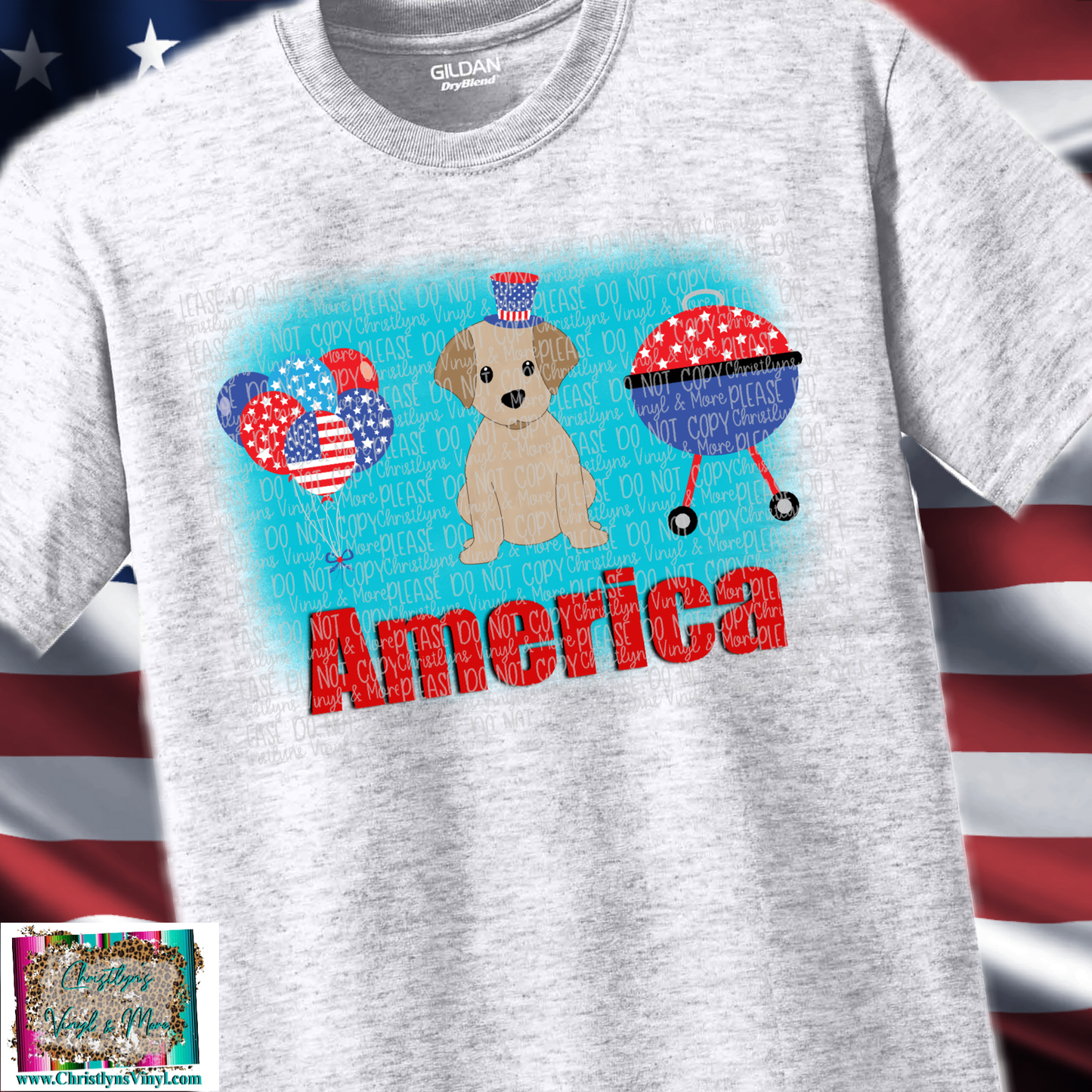 America Dog Ballons 4th of July Sublimation Transfer or Ash Grey Tee