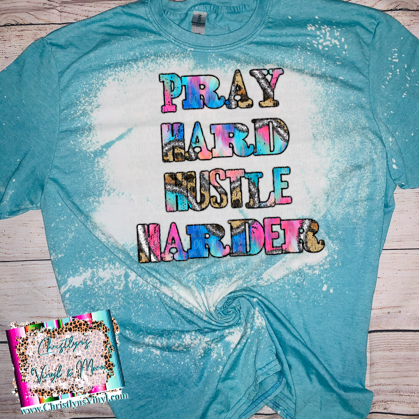 Pray Hard Hustle Harder Cheetah Ombre Blue Bleached Tee or Sublimation Transfer