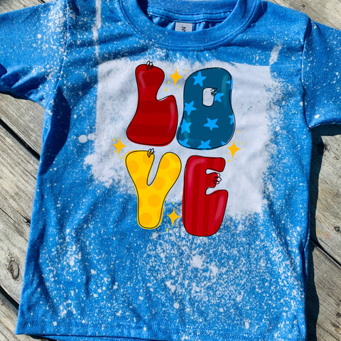 Love Red Yellow Blue Bleached Tee or Sublimation Transfer