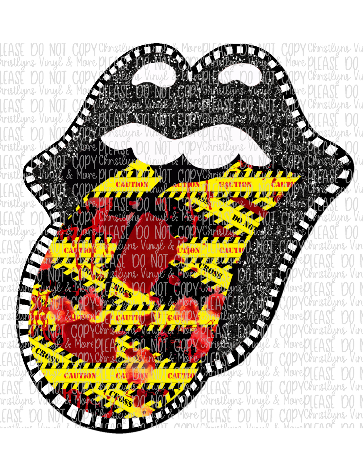 Crime Tape Tongue Glitter Halloween Bleached or Sublimation Transfer