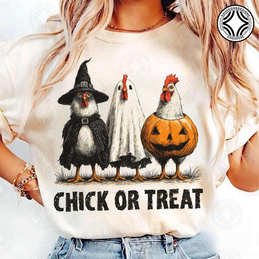 Chick or Treat Halloween Pumpkin Face Sublimation Transfer or White Tee