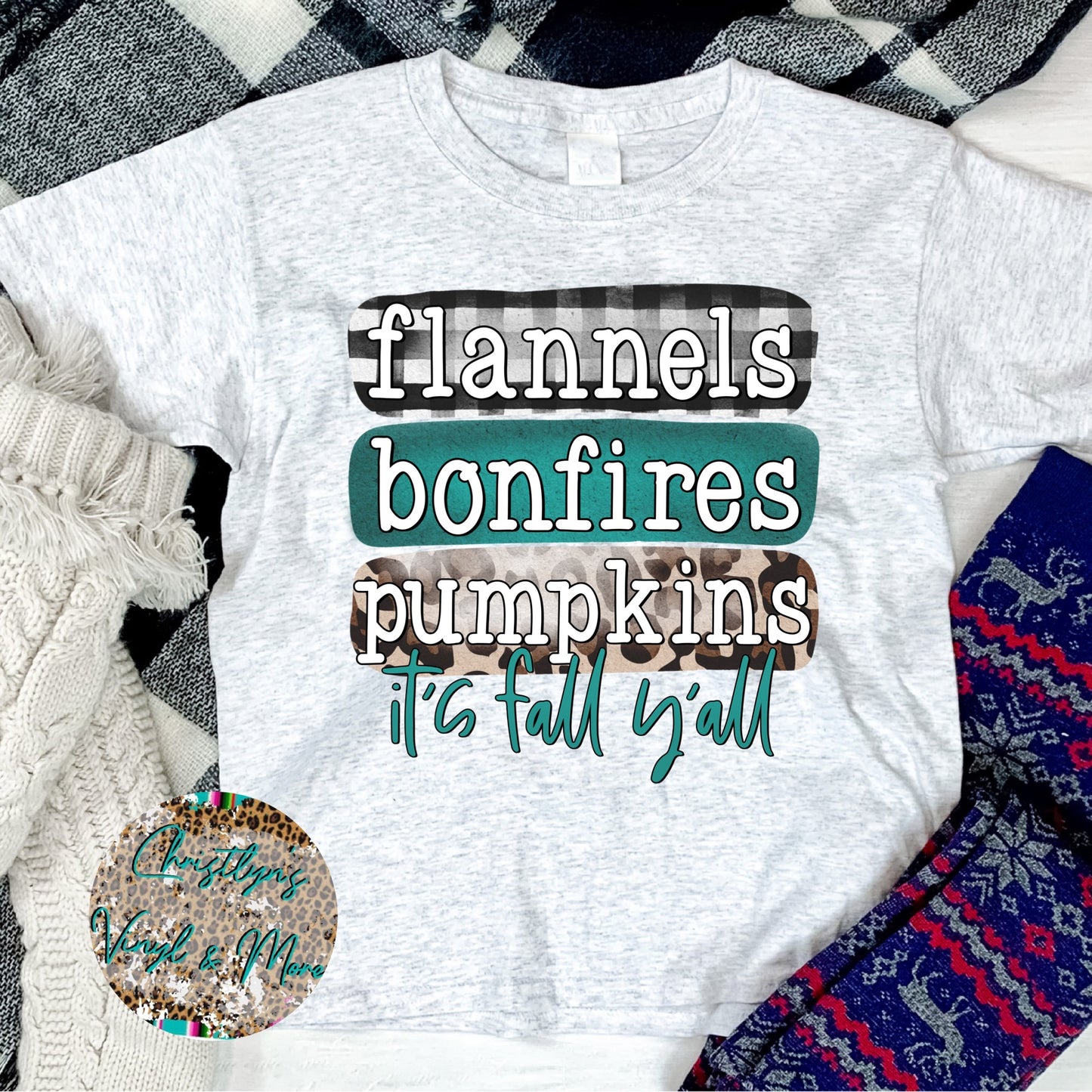 Flannels Bonfires Pumpkins Sublimation Transfer or White Tee