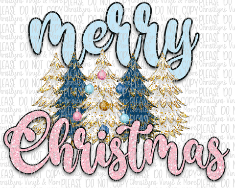 Merry Christmas Girly Trees Sublimation Transfer or White Tee