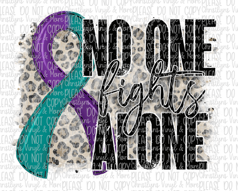 No One Fights Alone Teal and Purple Ribbon Sublimation Transfer or White Tee