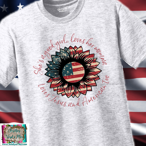 Good Girl Loves Jesus and America Too Sublimation Transfer or Ash Grey Tee