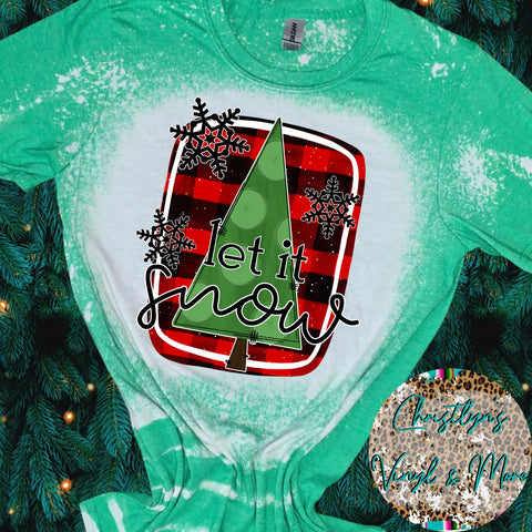 Let It Snow Plaid Snowflakes Christmas Sublimation Transfer or Green Bleached Tee