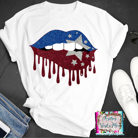 USA Lips Drip Red Blue Sublimation Transfer or White Tee