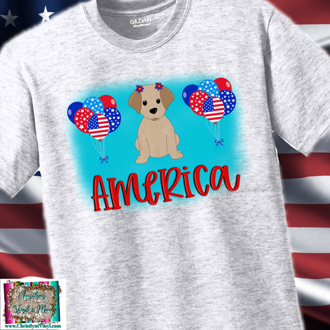 America Dog Ballons 4th of July Sublimation Transfer or Ash Grey Tee