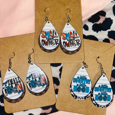 teardrop earrings small town county hood small business owner cheetah custom leopard cow print sublimation designs wholesale cute shop small town