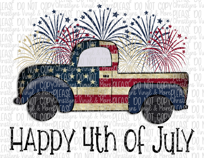 Happy 4th of July Truck Fireworks Sublimation Transfer or Ash Grey Tee