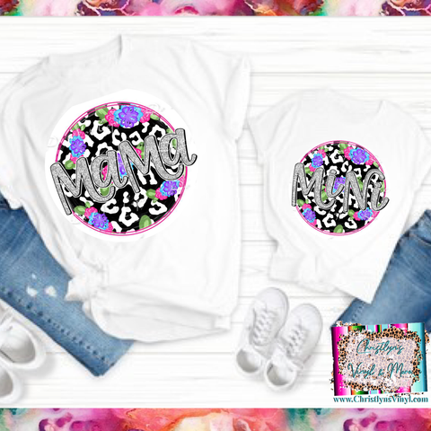 Mama Mini Circle Leopard Matching White Tees or Sublimation Transfer