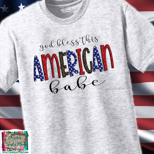 God Bless This American Babe Mama Sweetheart Sublimation Transfer or Ash Grey Tee