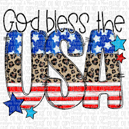 God Bless the USA Leopard Sublimation Transfer or White Tee