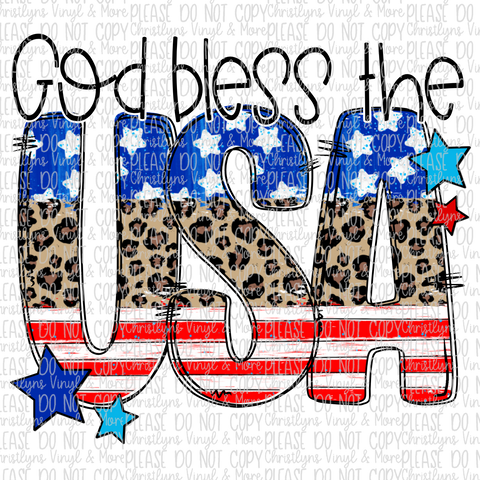 God Bless the USA Leopard Sublimation Transfer or White Tee