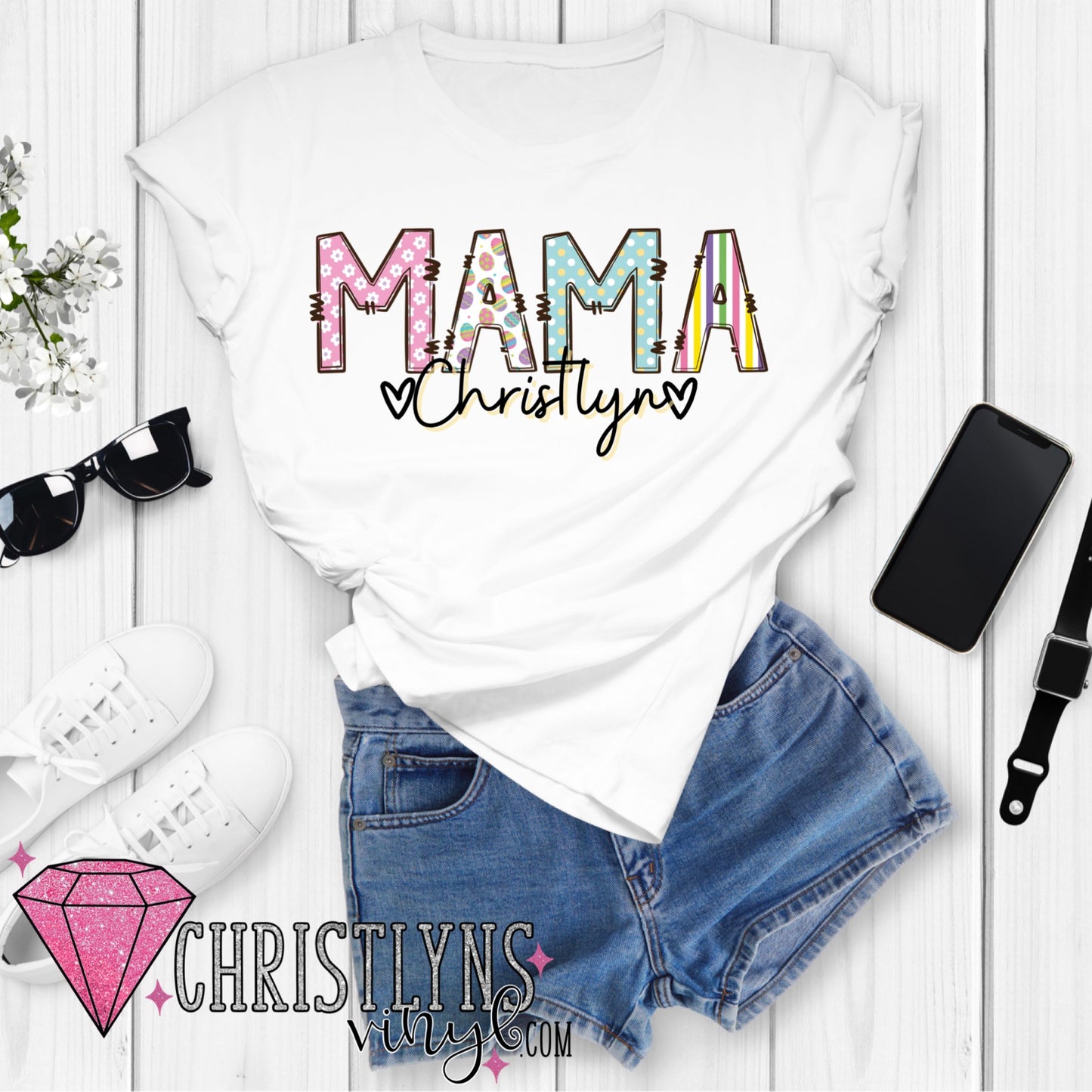 Easter Mama Custom Doodle White Tee, Sublimation Transfer, or Digital