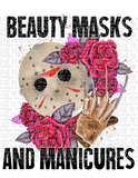 Beauty Masks and Manicures Halloween Sublimation Transfer or Red Bleached Tee