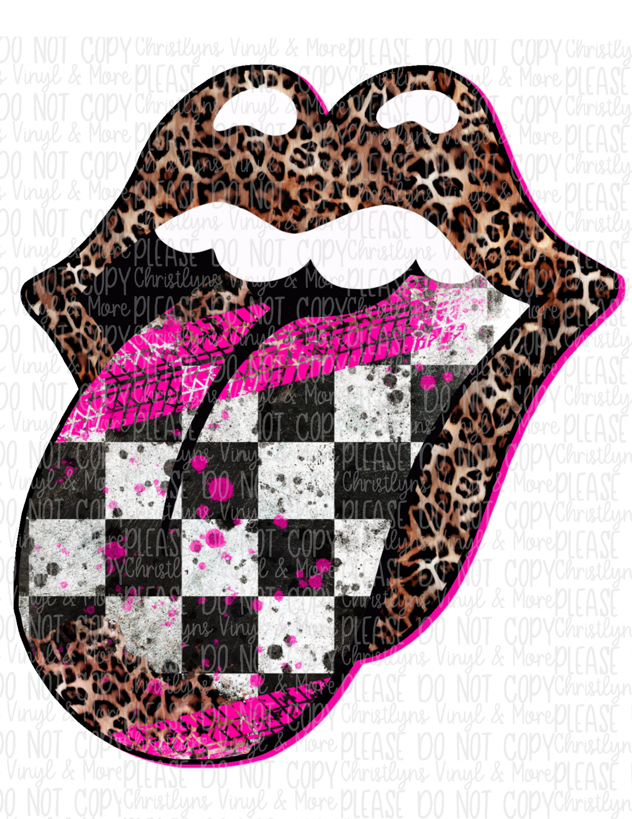 Racing Pink Glitter Tongue Checkered Sublimation Transfer or Black Mist Bleached Tee