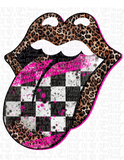 Racing Pink Glitter Tongue Checkered Sublimation Transfer or Black Mist Bleached Tee