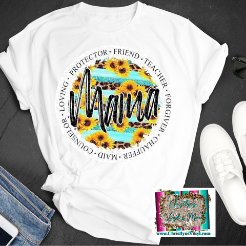 Mama Sunflower Words Circle Sublimation Transfer or White Tee