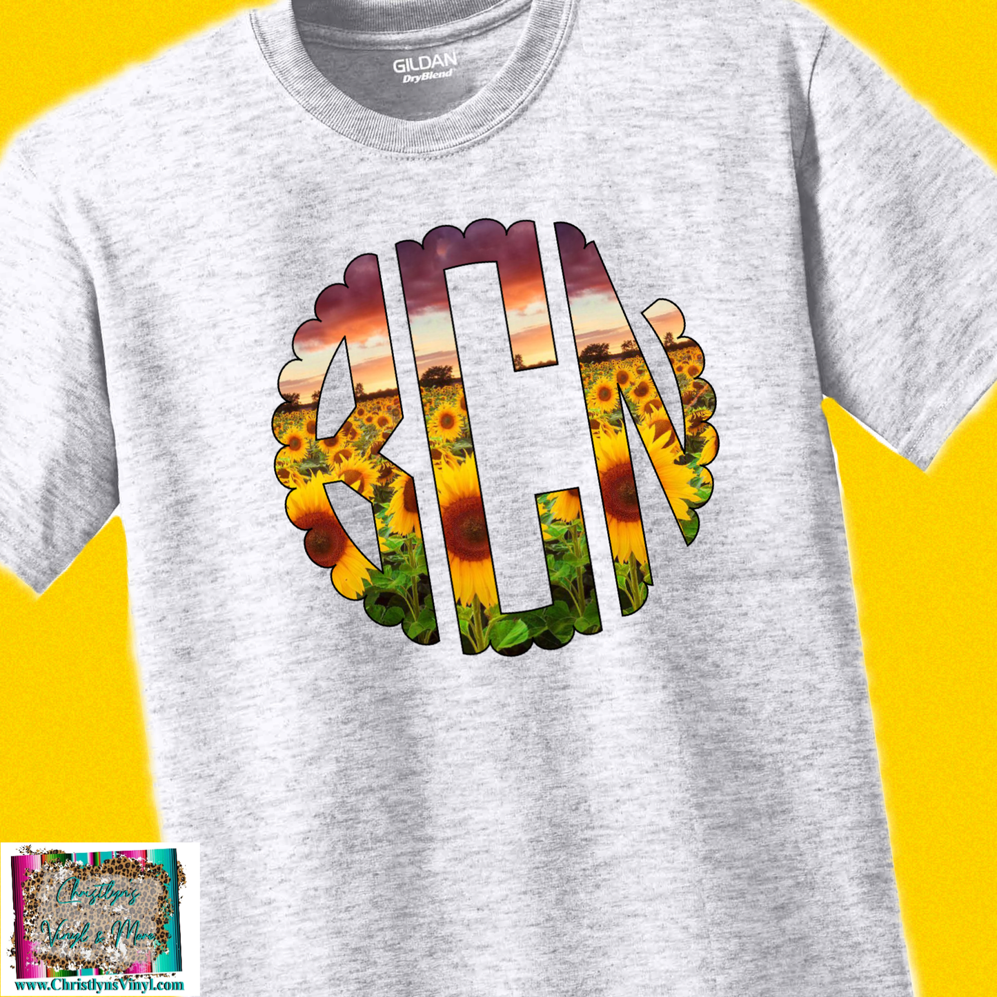 Sunflower Sunset Scalloped Monogram Sublimation Transfer or Ash Grey Tee