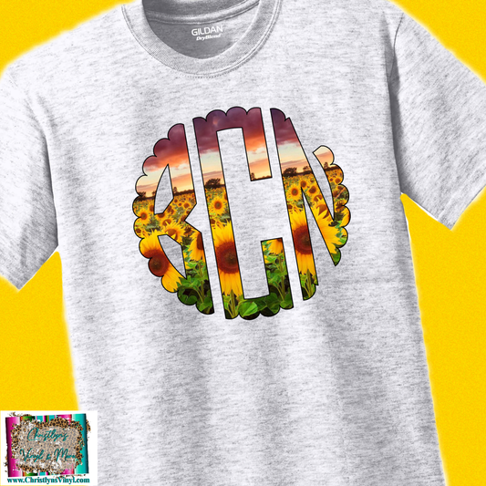 Sunflower Sunset Scalloped Monogram Sublimation Transfer or Ash Grey Tee