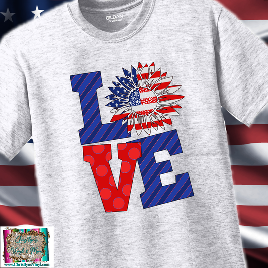 Love America Sunflower USA Sublimation Transfer or Ash Grey Tee