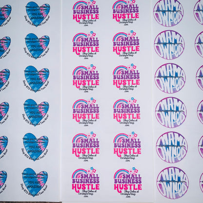 small business hustle packaging stickers cheap wholesale customized personalize small business shop small cute tie dye heart website support cheap packages sticker sheet 24