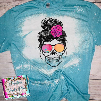 Mom Skull Floral Ombre Blue Bleached Tee or Sublimation Transfer