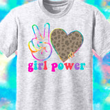 Peace Love Girlpower Colorful Sublimation Transfer or Ash Grey Tee